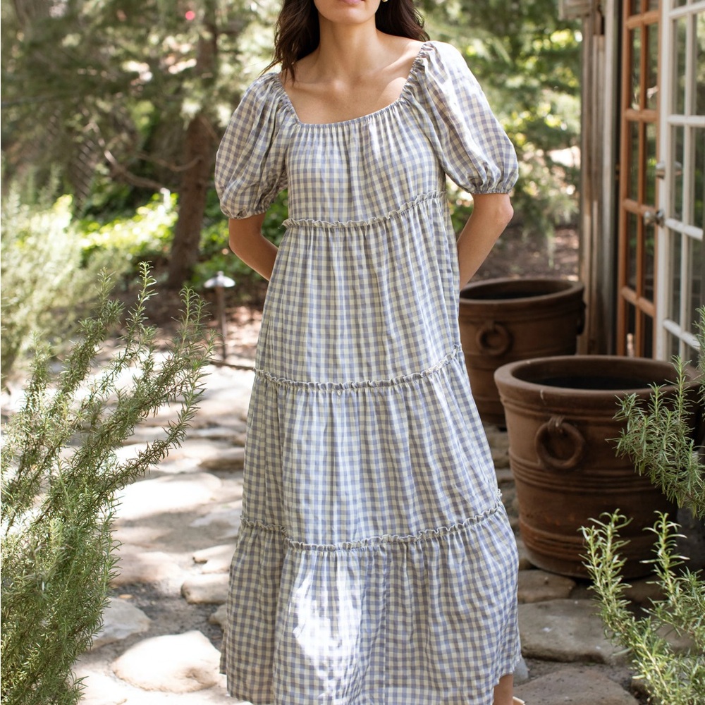 Blue & White Gingham Tiered Maxi Dress - Women